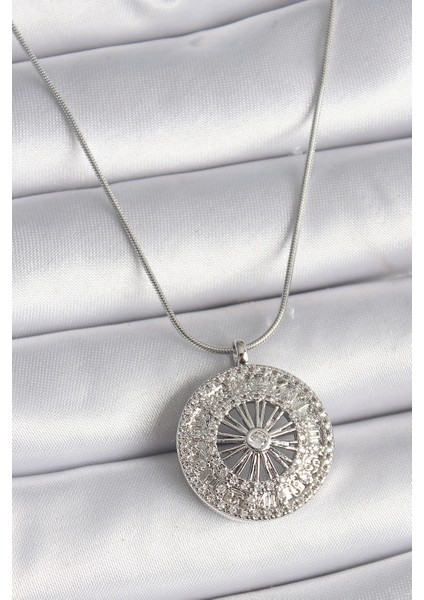 316L Çelik Gümüş Renk Zirkon Taşlı 12 Burç Madalyon Model Kadın Kolye