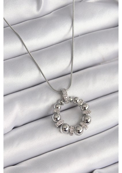 316L Çelik Gümüş Renk Zincir Zirkon Taş Detaylı Bombeli Halka Model Kadın Kolye