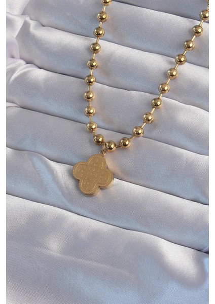 316L Çelik Top Zincirli Gold Renk Işlemeli Yonca Model Kolye