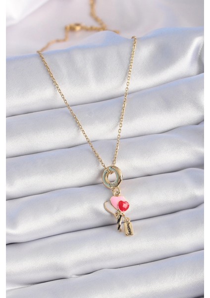 316L Çelik Gold Renk Renkli Kalp Figür Charm Model Kadın Kolye fiyatları