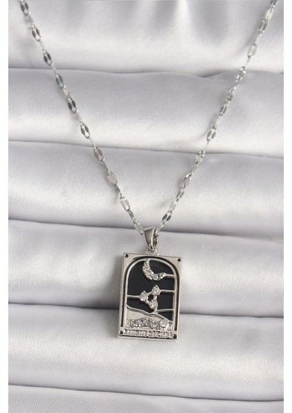 316L Çelik Gümüş Renk Zirkon Taşlı Ay Figürlü Taror Model Kadın Kolye