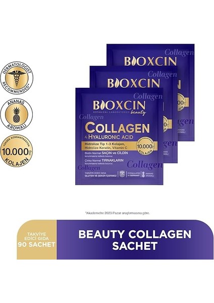 Beauty Collagen Toz Saşe 10.000 Mg – Tip 1 & Tip 3 Hidrolize Kolajen, Keratin, Biotin, C ve E Vitamini, Hyaluronik Asit – Ananas Aromalı – 3 Al 2 Öde fırsatları