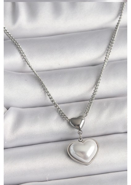 316L Çelik Gümüş Renk Zincir 3D Kalp Model Kadın Kolye
