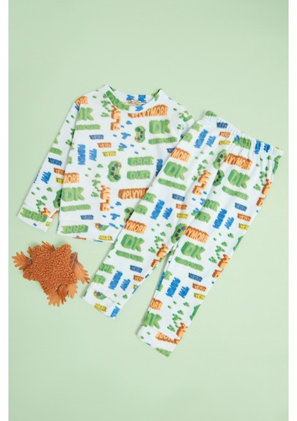 Play Yazı Baskılı Bisiklet Yaka Polar Unisex Çocuk Pijama Takımı