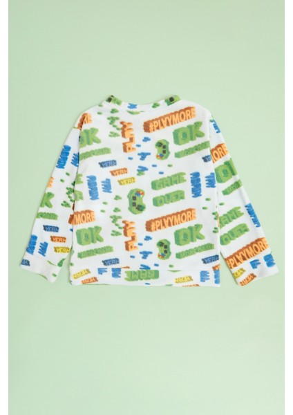 Play Yazı Baskılı Bisiklet Yaka Polar Unisex Çocuk Pijama Takımı modelleri