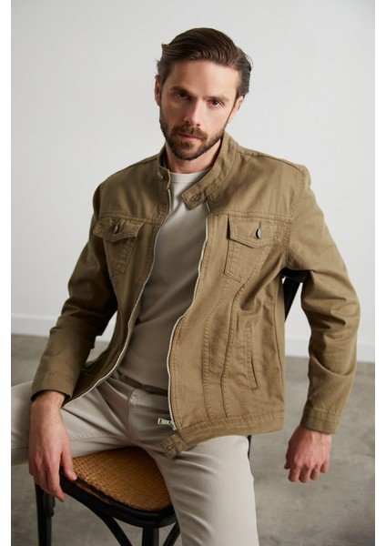 Fermuarlı Cepli Hakim Yaka Kot Ceket