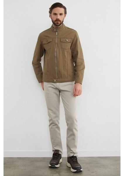 Fermuarlı Cepli Hakim Yaka Kot Ceket