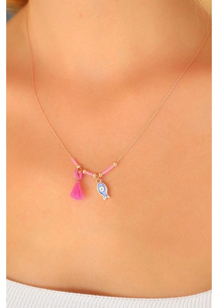 Nazar Boncuklu Pembe Renk Taşlı Rose Bayan Kolye