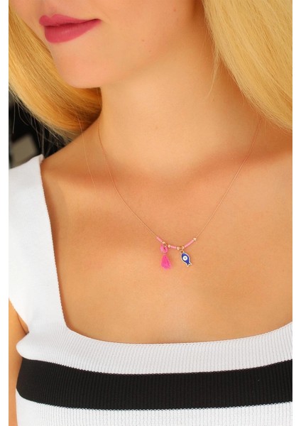 Nazar Boncuklu Pembe Renk Taşlı Rose Bayan Kolye fiyatları