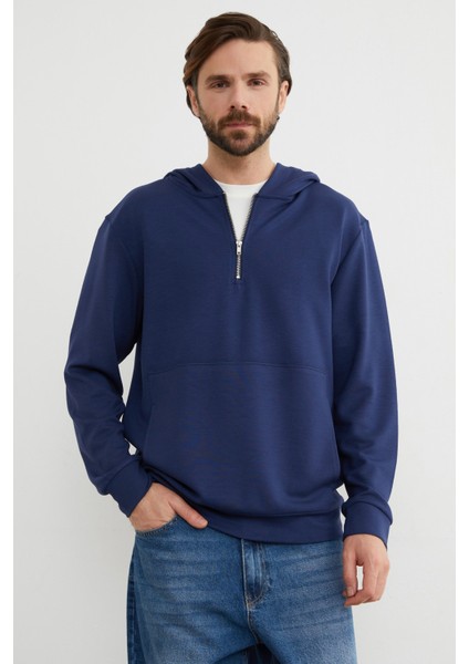 Yarım Fermuarlı Kapüşonlu Modal Sweatshirt