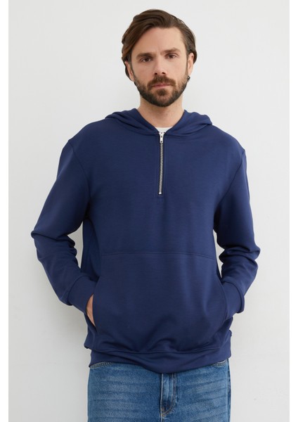 Yarım Fermuarlı Kapüşonlu Modal Sweatshirt