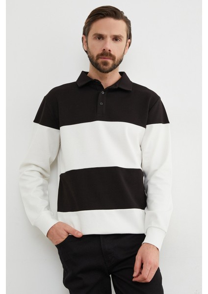 Renk Bloklu Polo Yaka Yarım Düğmeli Sweatshirt
