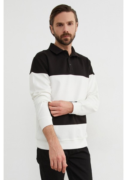 Renk Bloklu Polo Yaka Yarım Düğmeli Sweatshirt fırsatları