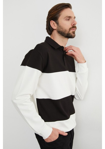 Renk Bloklu Polo Yaka Yarım Düğmeli Sweatshirt