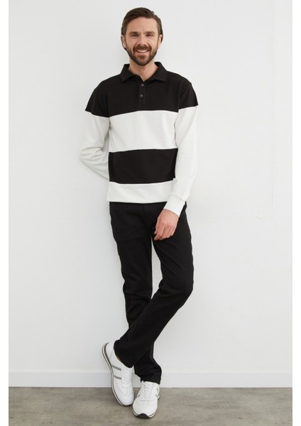 Renk Bloklu Polo Yaka Yarım Düğmeli Sweatshirt
