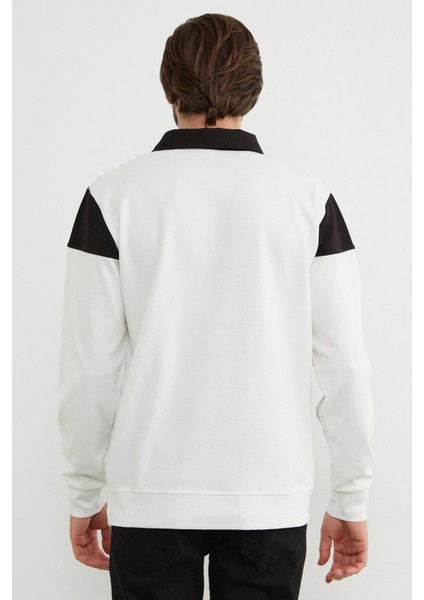 Renk Bloklu Polo Yaka Yarım Düğmeli Sweatshirt