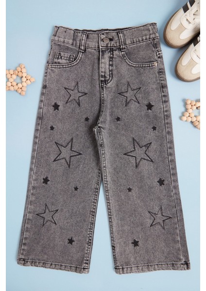 Yıldız Nakışlı Beli Ayarlanabilir Kız Çocuk Pantolon