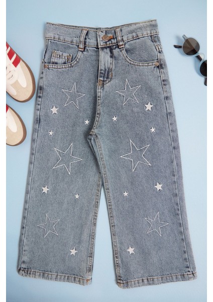 Yıldız Nakışlı Beli Ayarlanabilir Kız Çocuk Pantolon