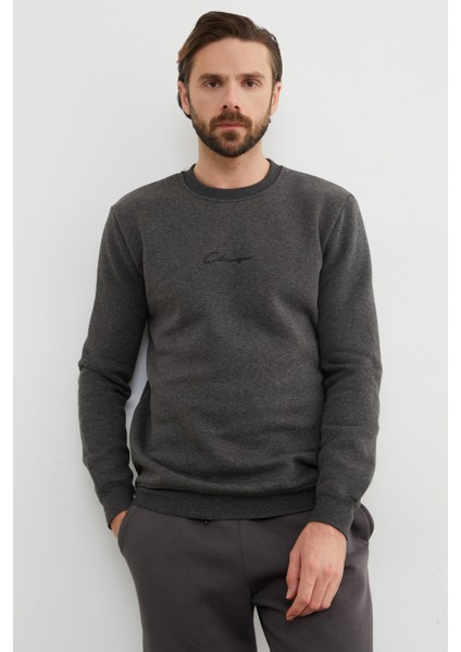 3 Iplik Yazı Baskılı Bisiklet Yaka Sweatshirt