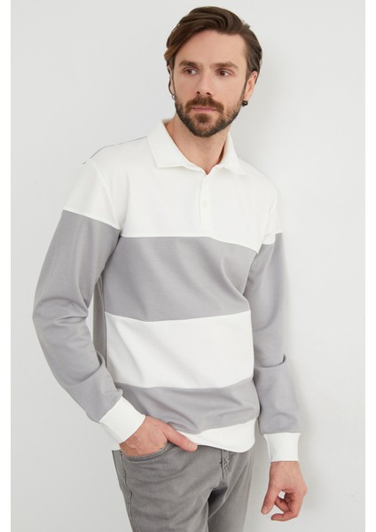 Renk Bloklu Polo Yaka Yarım Düğmeli Sweatshirt