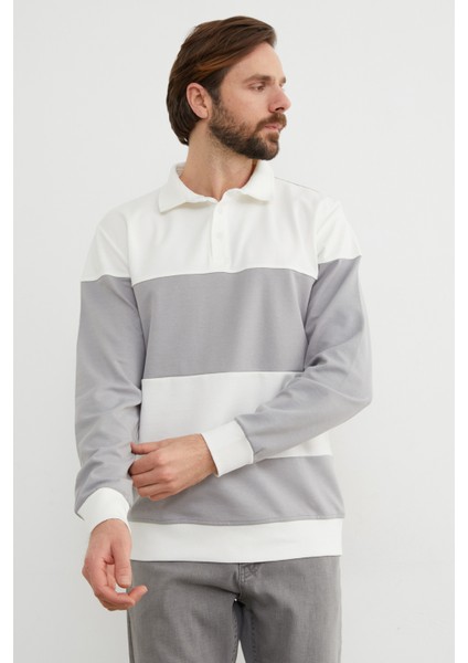 Renk Bloklu Polo Yaka Yarım Düğmeli Sweatshirt fiyatları