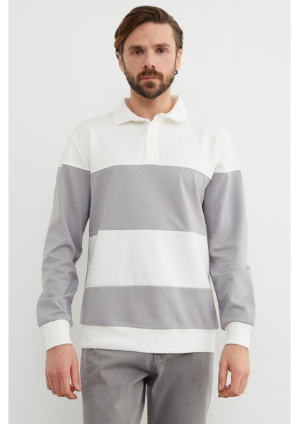 Renk Bloklu Polo Yaka Yarım Düğmeli Sweatshirt modelleri