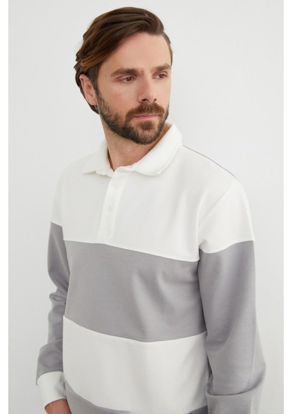 Renk Bloklu Polo Yaka Yarım Düğmeli Sweatshirt indirimleri