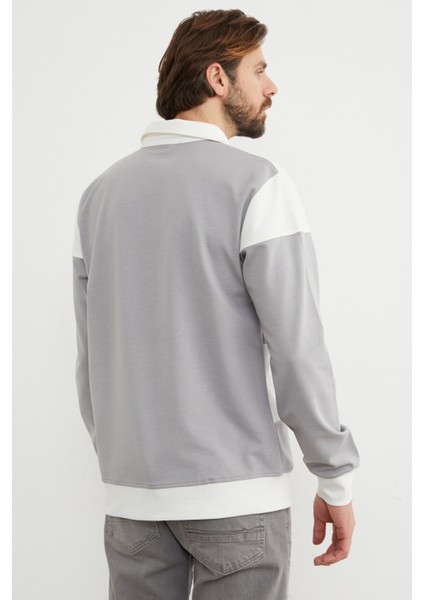 Renk Bloklu Polo Yaka Yarım Düğmeli Sweatshirt