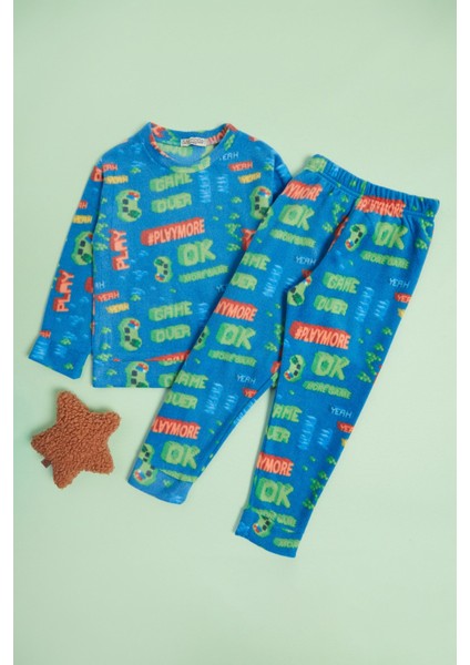 Play Yazı Baskılı Bisiklet Yaka Polar Unisex Çocuk Pijama Takımı