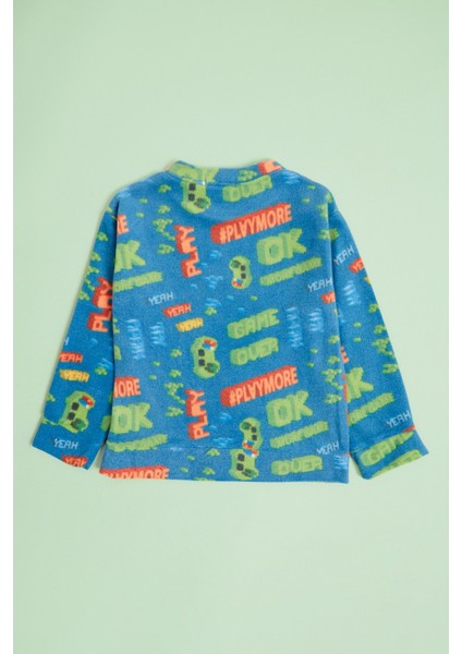 Play Yazı Baskılı Bisiklet Yaka Polar Unisex Çocuk Pijama Takımı modelleri