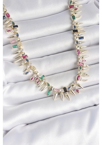 Pirinç Gold Renk Zirkon Taşlı Diken Model Vıp Seri Kadın Kolye