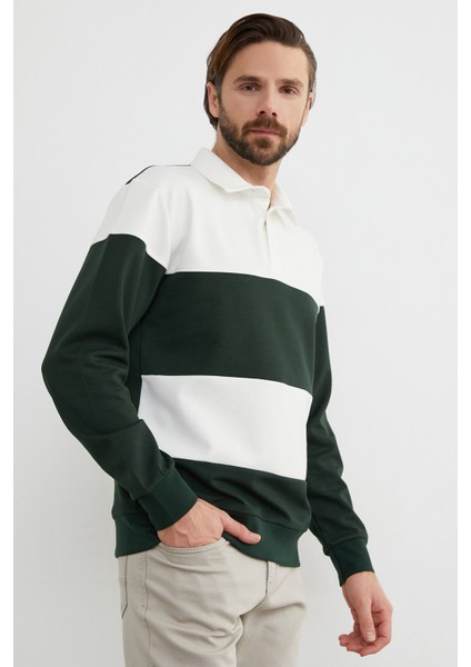 Renk Bloklu Polo Yaka Yarım Düğmeli Sweatshirt