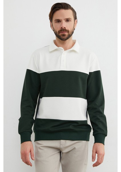 Renk Bloklu Polo Yaka Yarım Düğmeli Sweatshirt fiyatları