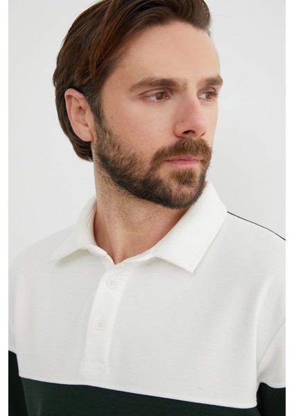 Renk Bloklu Polo Yaka Yarım Düğmeli Sweatshirt indirimleri