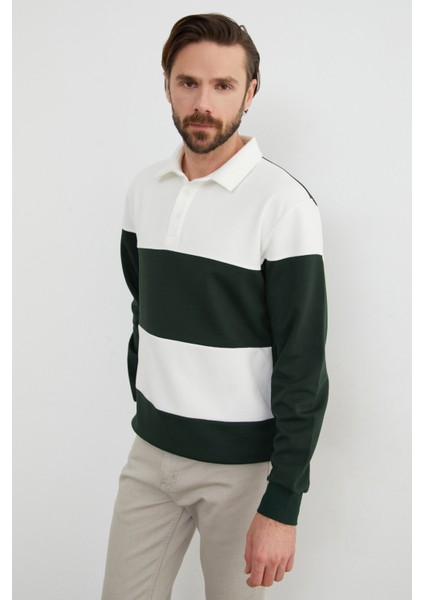 Renk Bloklu Polo Yaka Yarım Düğmeli Sweatshirt