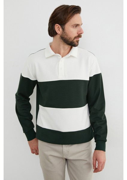 Renk Bloklu Polo Yaka Yarım Düğmeli Sweatshirt