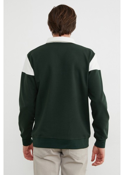 Renk Bloklu Polo Yaka Yarım Düğmeli Sweatshirt