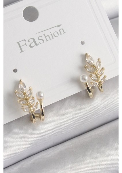 Pirinç Gold Renk Zirkon Taşlı Yaprak Model Inci Detay Küpe