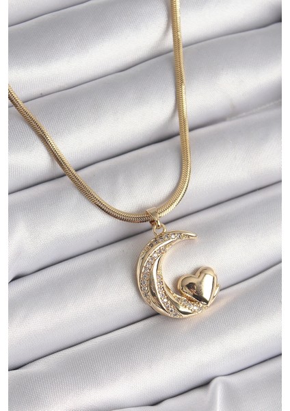 316L Çelik Gold Renk Çelik Italyan Zincir Zirkon Taşlı Halil Figür Kalp Detay Kadın Kolye