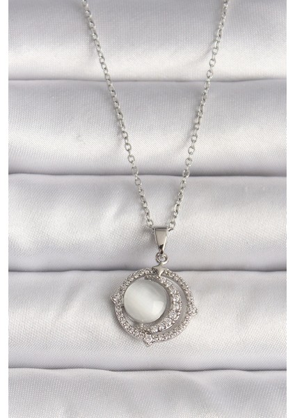 316L Çelik Gümüş Renk Zirkon Taşlı Beyaz Sedefli Hilal Model Kadın Kolye