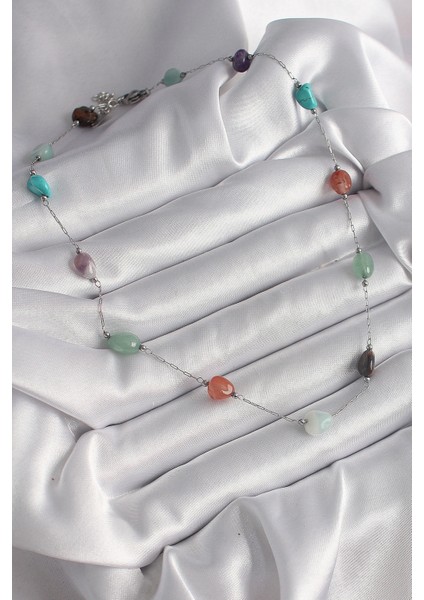 316L Çelik Gümüş Renk Zincir Renkli Doğaltaş Model Kadın Kolye fiyatları