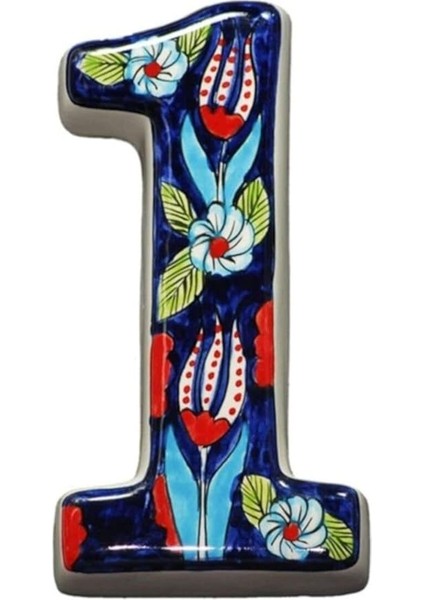 Kapı Numarası Seramik Lale Desenli Çeşitli Renklerde (1, Kobalt)