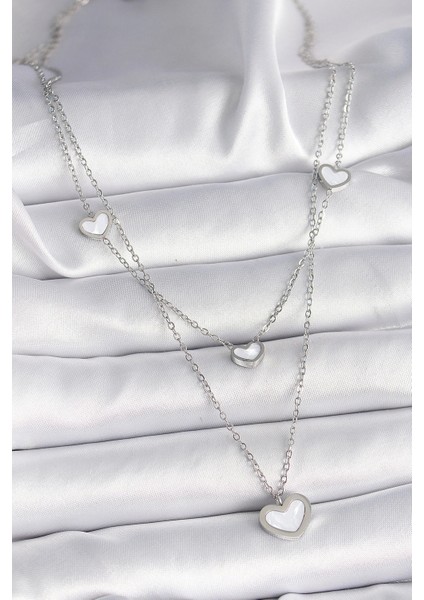 316L Çelik Gümüş Renk Zincir 2'li Zincir Kalp Model Kadın Kolye