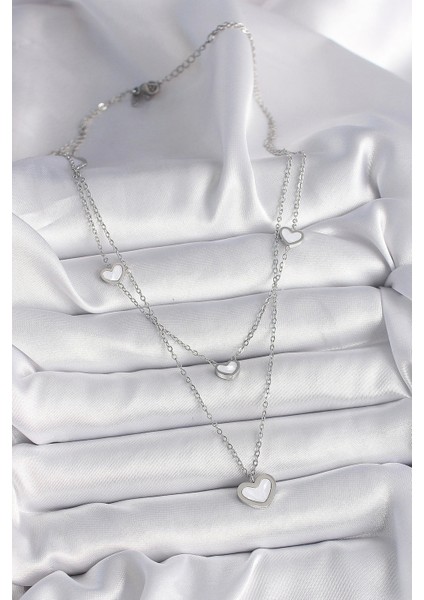 316L Çelik Gümüş Renk Zincir 2'li Zincir Kalp Model Kadın Kolye fiyatları