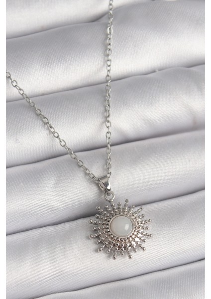 316L Çelik Gümüş Renk Zincir Beyaz Mineli Güneş Model Kadın Kolye