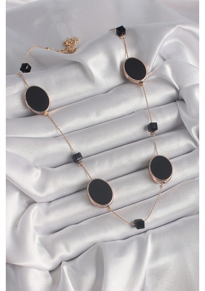 Pirinç Gold Renk Siyah Renk Oval Siyah Küp Detay Kadın Kolye fiyatları