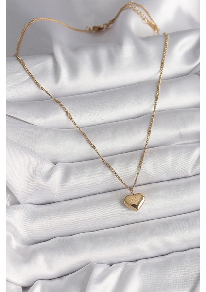 316L Çelik Gold Renk Zincir Love Işlemeli Kalp Figür Kadın Kolye fiyatları
