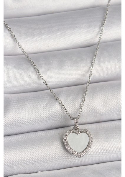 316L Çelik Gümüş Renk Zincir Zirkon Taşlı Beyaz Mineli Kalp Model Kadın Kolye