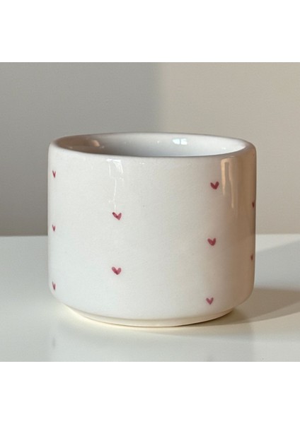 El Yapımı Seramik Kulpsuz Minimal Pembe Kalpli Kupa Bardak 200 ml Mug Kalp Desenli Kahve Bardağı Hediye