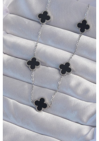 316L Çelik Gümüş Renk Siyah Mineli Yonca Kolye